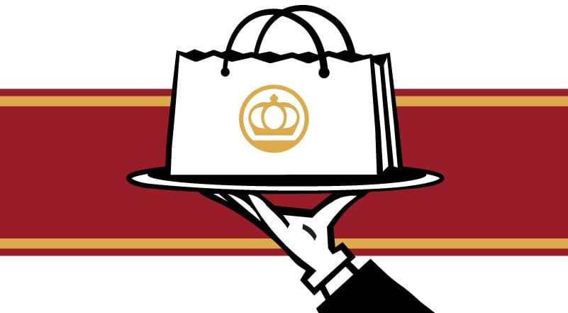 illustration of a white-gloved hand holding a to-go bag up on a tray