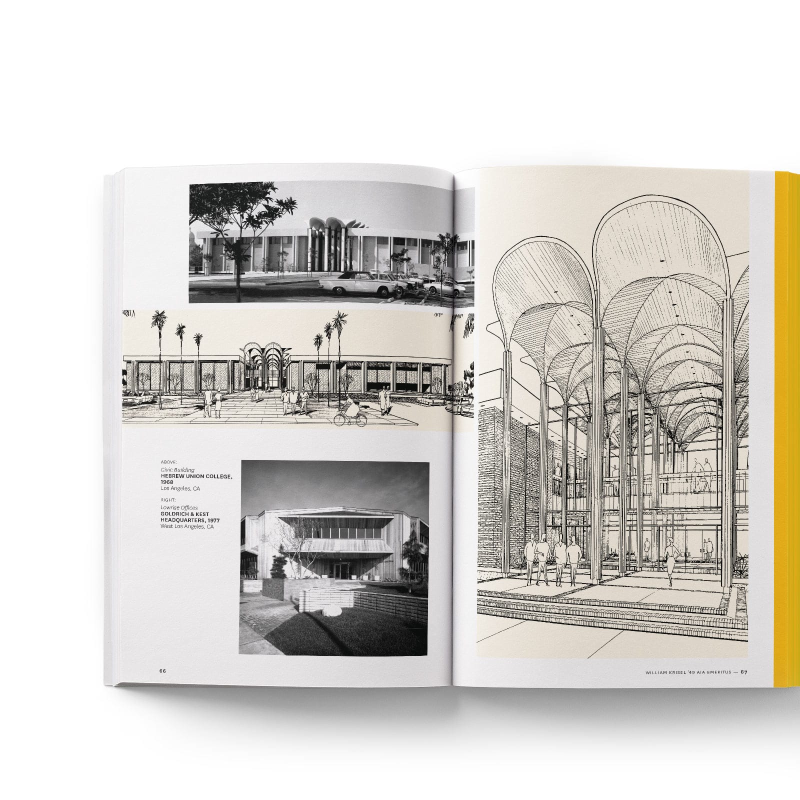 Book spread featuring black and white ink drawings of architecture