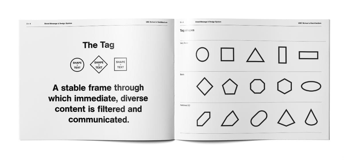 spread from the USC brand book showing geometric shapes